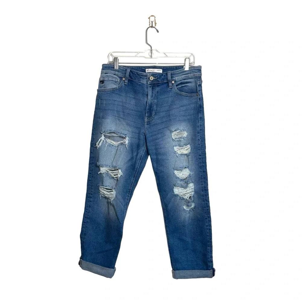 KanCan Medium Wash High Rise Ripped Cuffed Ankle Boyfriend Jeans 29 Women’s